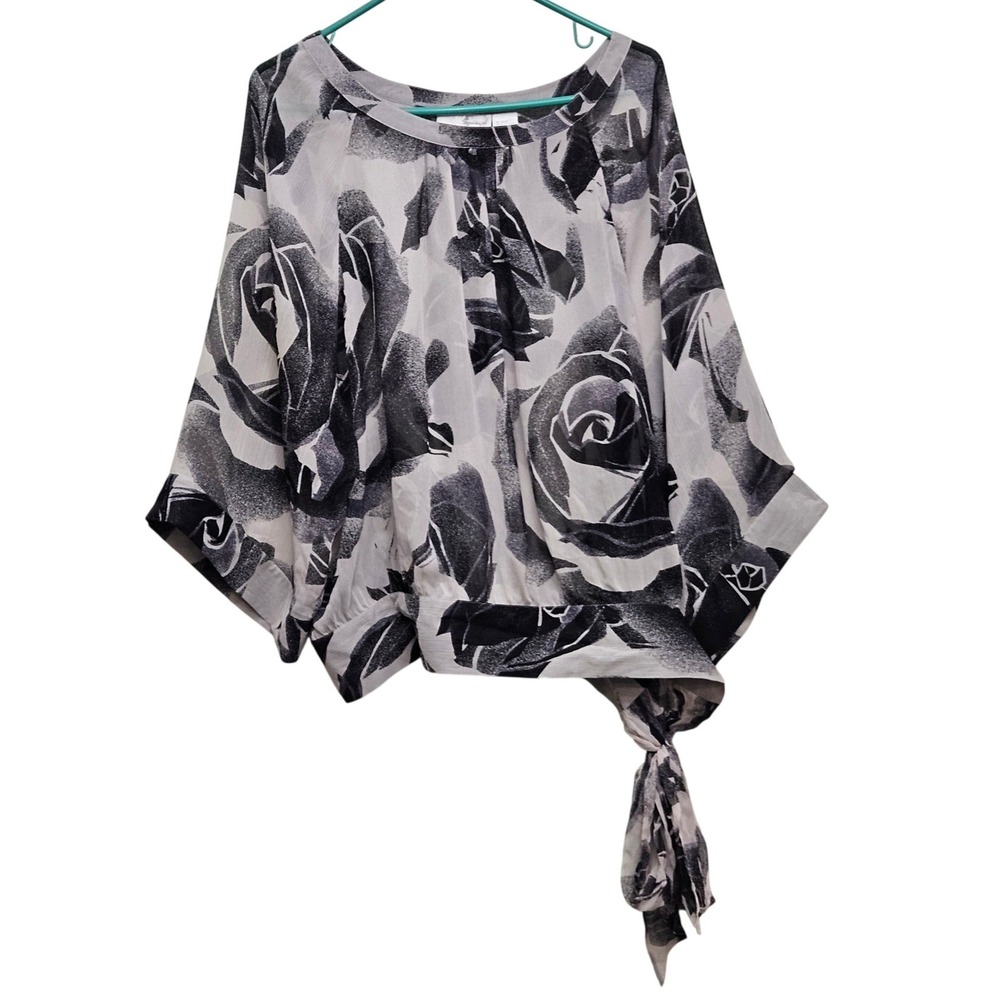 Spiegel Blouse 12 Black White Grey Silk Floral Rose Side‎ Tie Dolman Sleeve Top